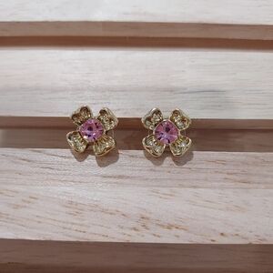 1928 Vintage-Inspired Gold Tone Flower Bloom Pink Rhinestone Stud Earrings
